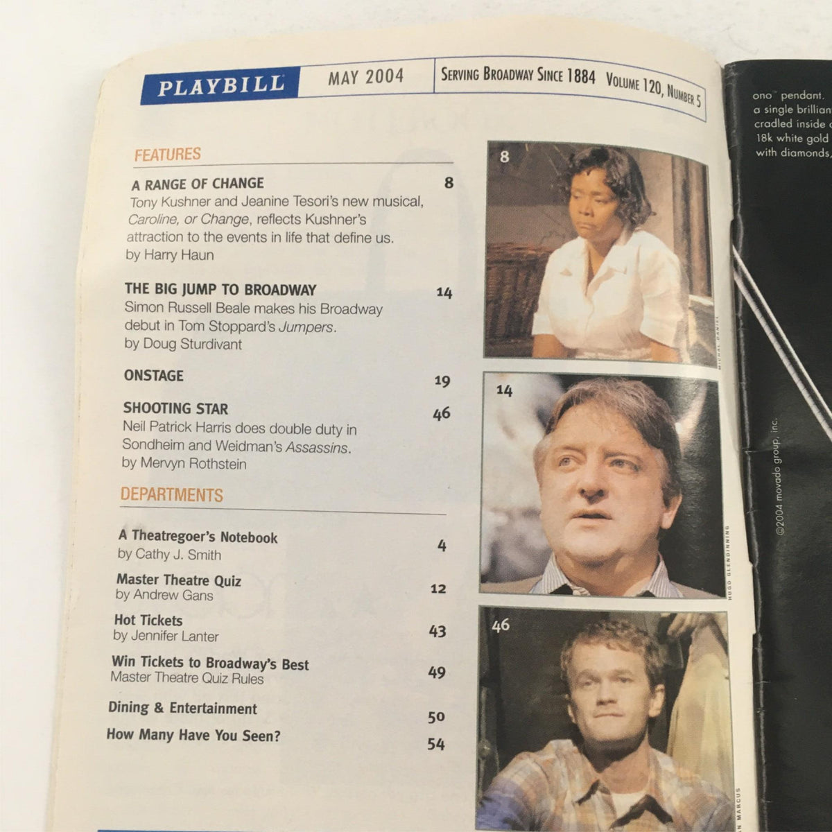 Interior page of the May 2004 Playbill for 'Golda's Balcony,' showcasing features and articles related to Broadway, along with production details that enhance the theatrical experience.
