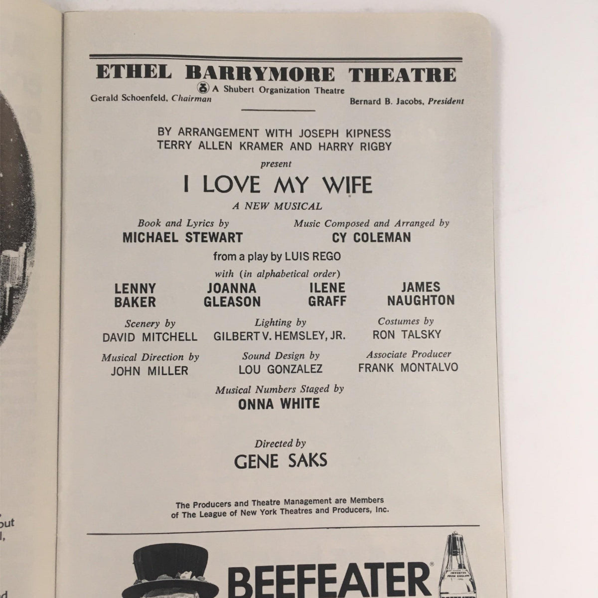 1977 Playbill for 'I Love My Wife' by Gene Saks and Michael Stewart at Ethel Barrymore Theatre, featuring cast and production details.