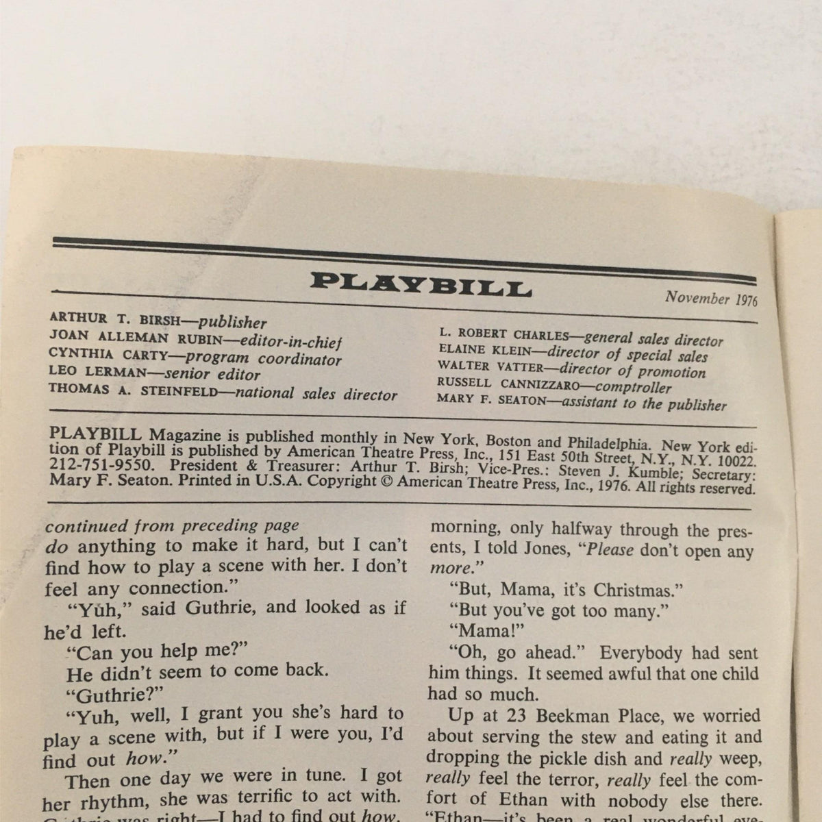 1976 Playbill for Godspell by Stephen Schwartz and Edward Lansbury, featuring editorial credits and a glimpse into the magazine's production details.
