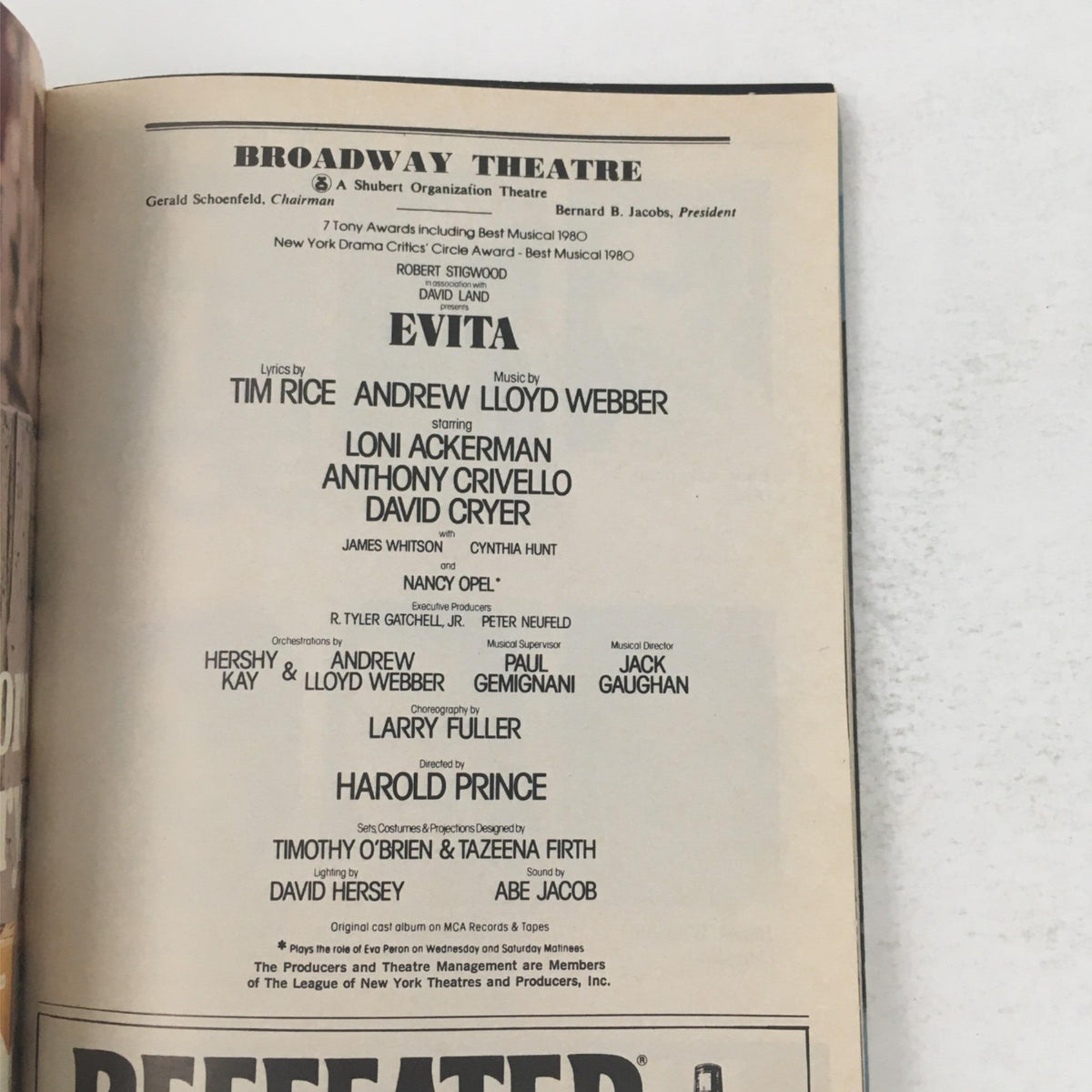 Credits page from the 1982 Playbill for Evita, detailing the creative team, cast, and production awards associated with the iconic musical.