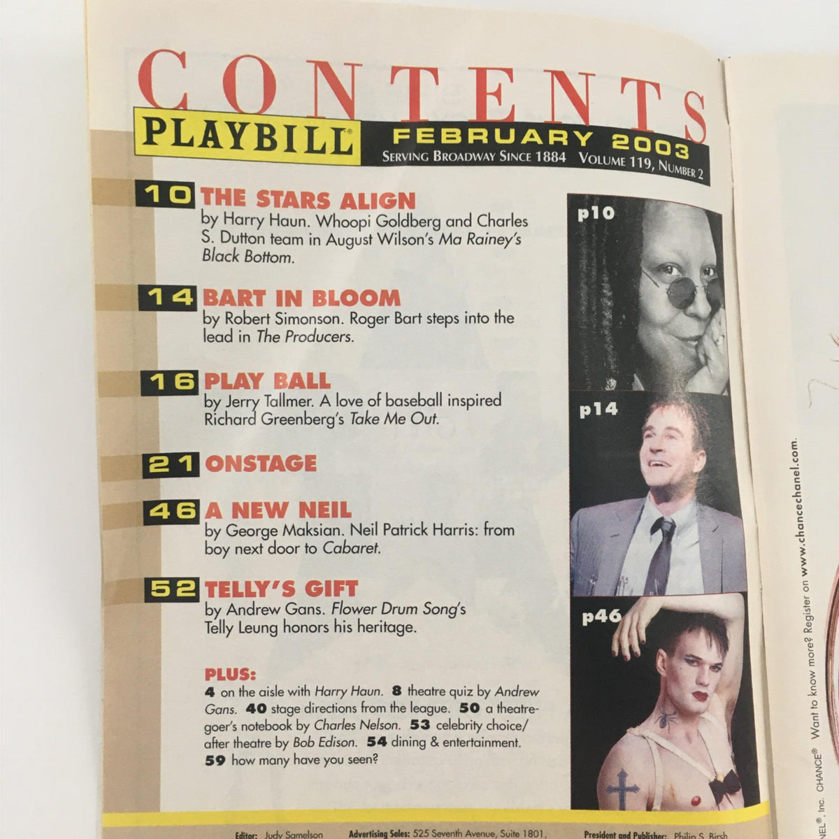 Contents page of the 2003 Playbill for Thoroughly Modern Millie featuring articles and highlights from February 2003, including The Stars Align and more, showcasing the vibrant Broadway culture.