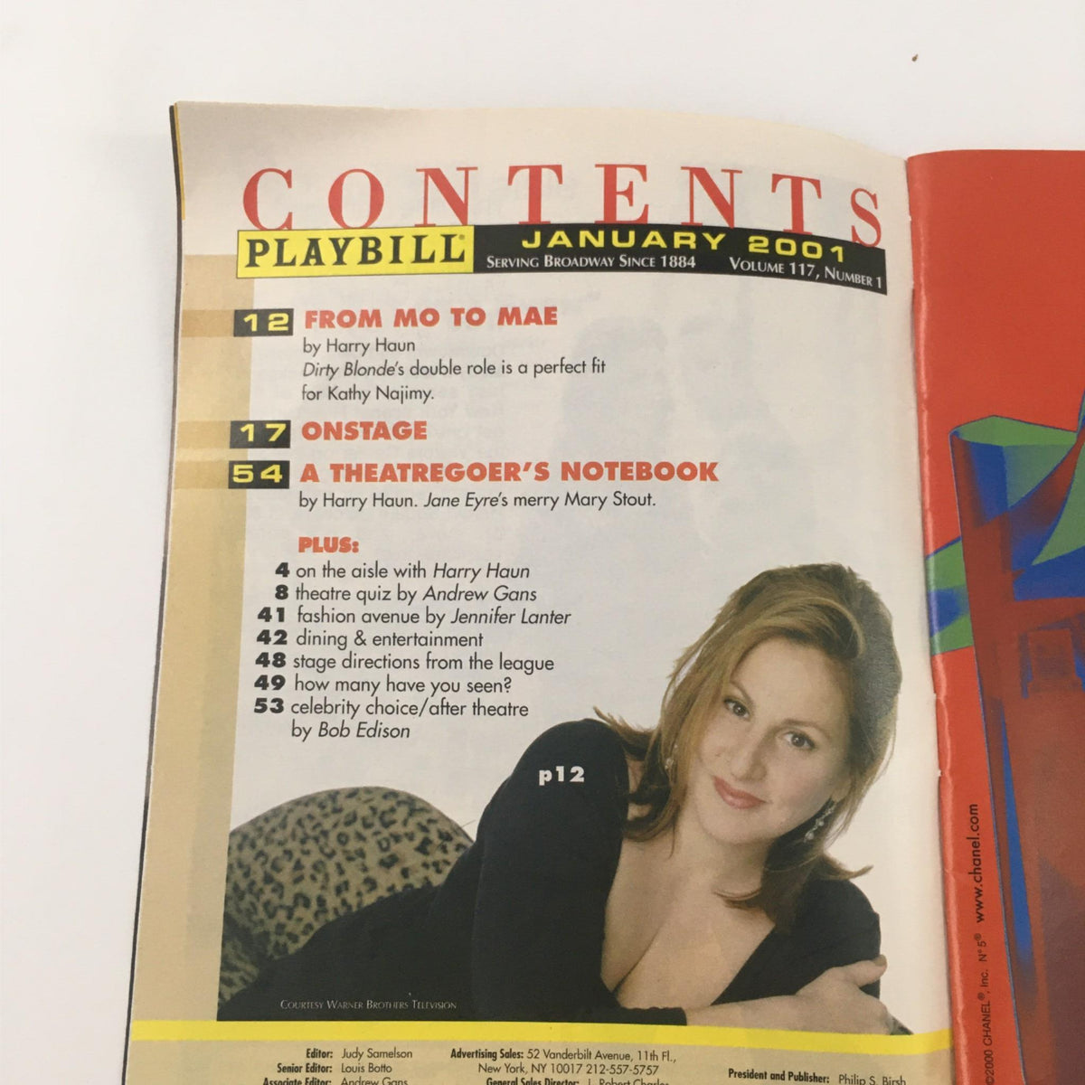 Contents page of the January 2001 Playbill for Neil Simon's The Dinner Party, featuring articles and features including a piece by Harry Haun and a section titled A Theatregoer's Notebook.