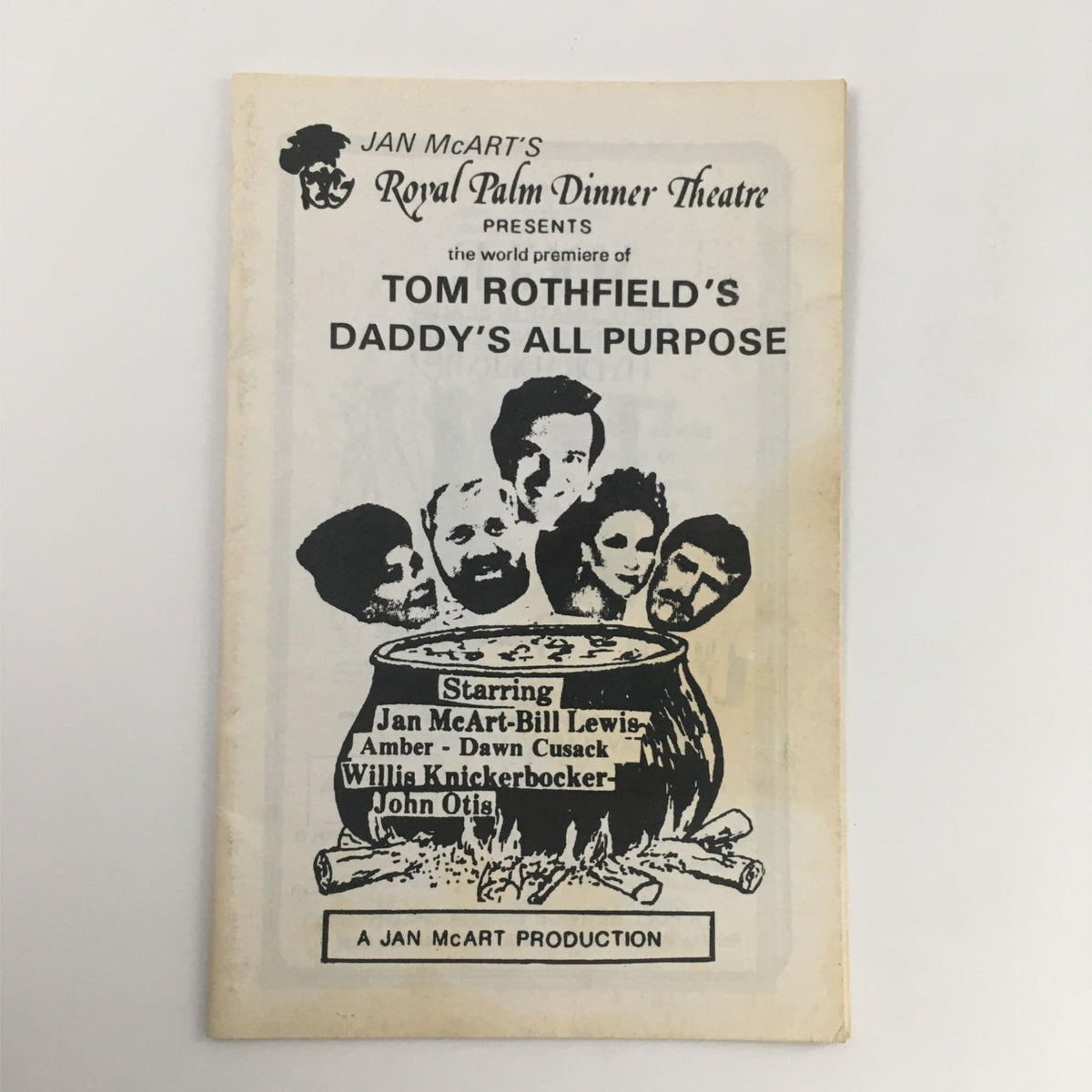 Cover of the vintage magazine for the 1983 production of 'Daddy's All Purpose' by Jan McArt and Tom Rothfield at the Royal Palm Dinner Theatre, featuring images of the cast and promotional details.
