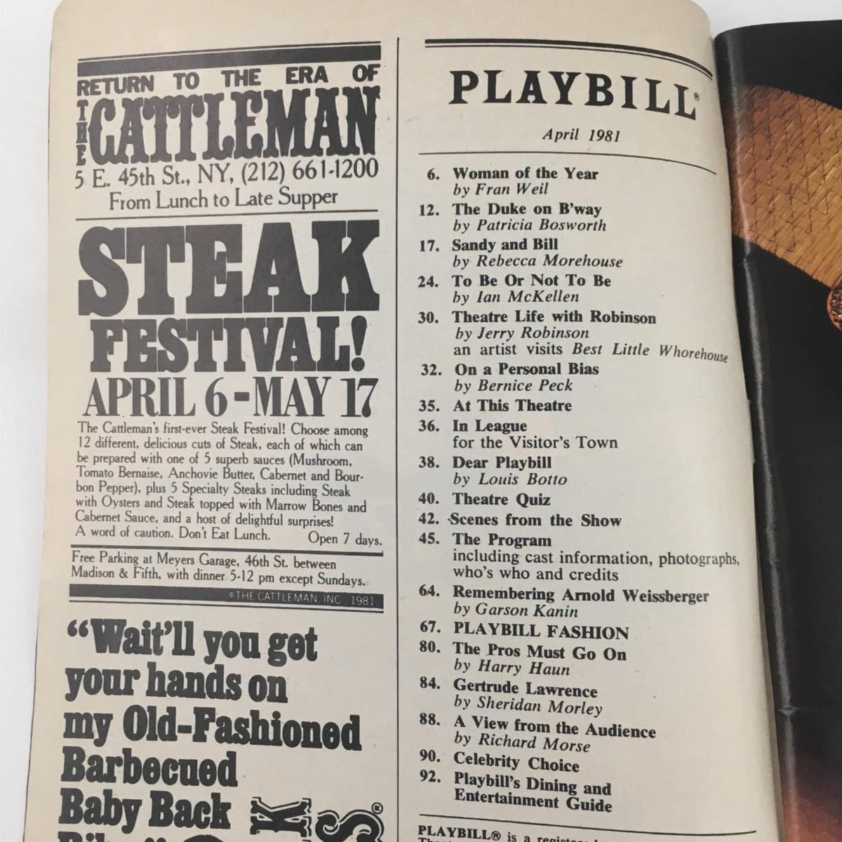 Interior page of the 1981 Playbill for The Best Little Whorehouse in Texas showing information about the Steak Festival and other performances.