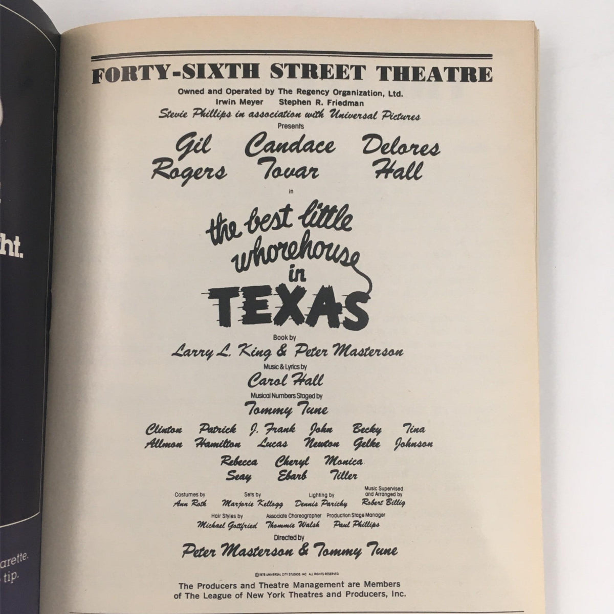 Details page in the 1981 Playbill for The Best Little Whorehouse in Texas outlining the cast and creative team, including Larry L. King and Tommy Tune.