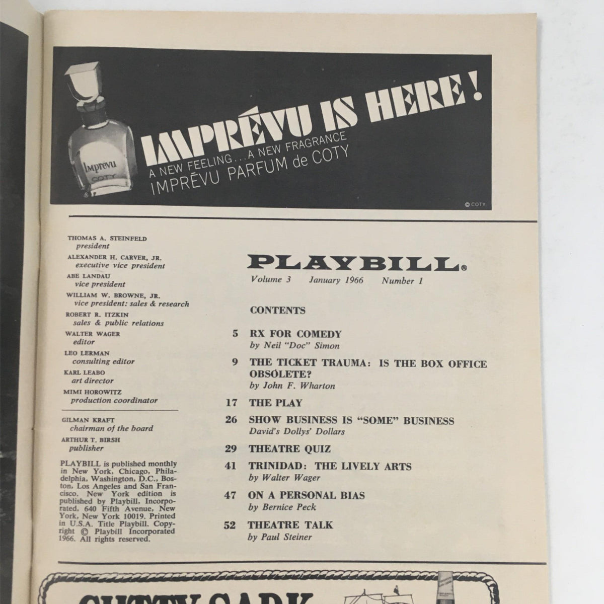 1966 Playbill for 'Any Wednesday', showcasing the table of contents and advertisements on the inside page, including references to theater quizzes and performances.
