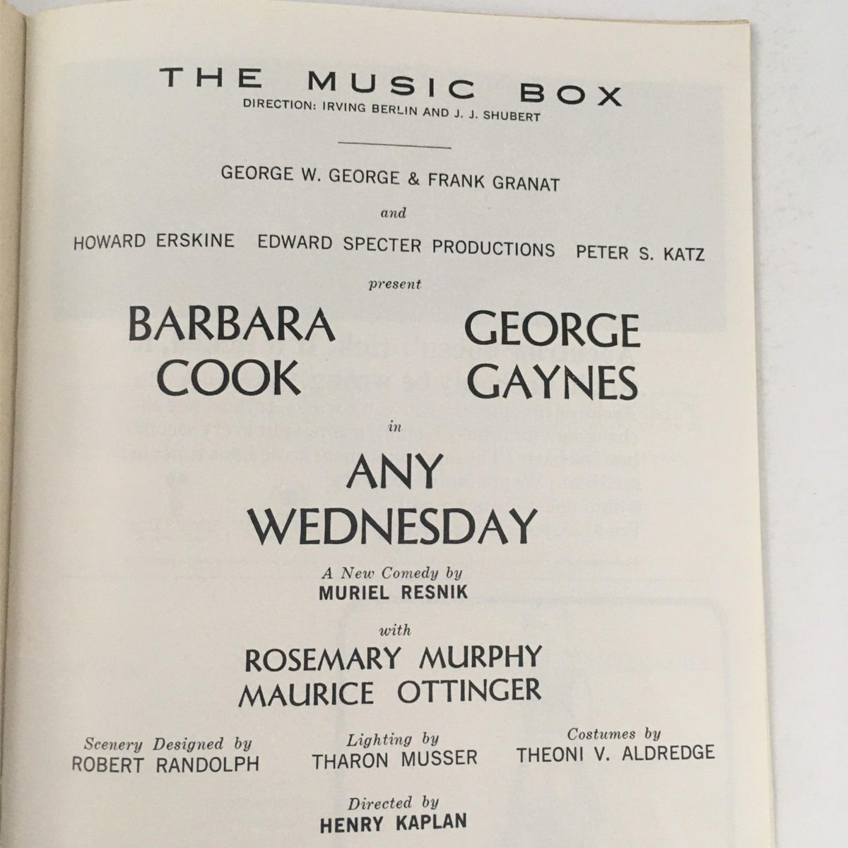 1966 Playbill for Any Wednesday by Muriel Resnik, featuring cast names and production details at The Music Box Theatre.