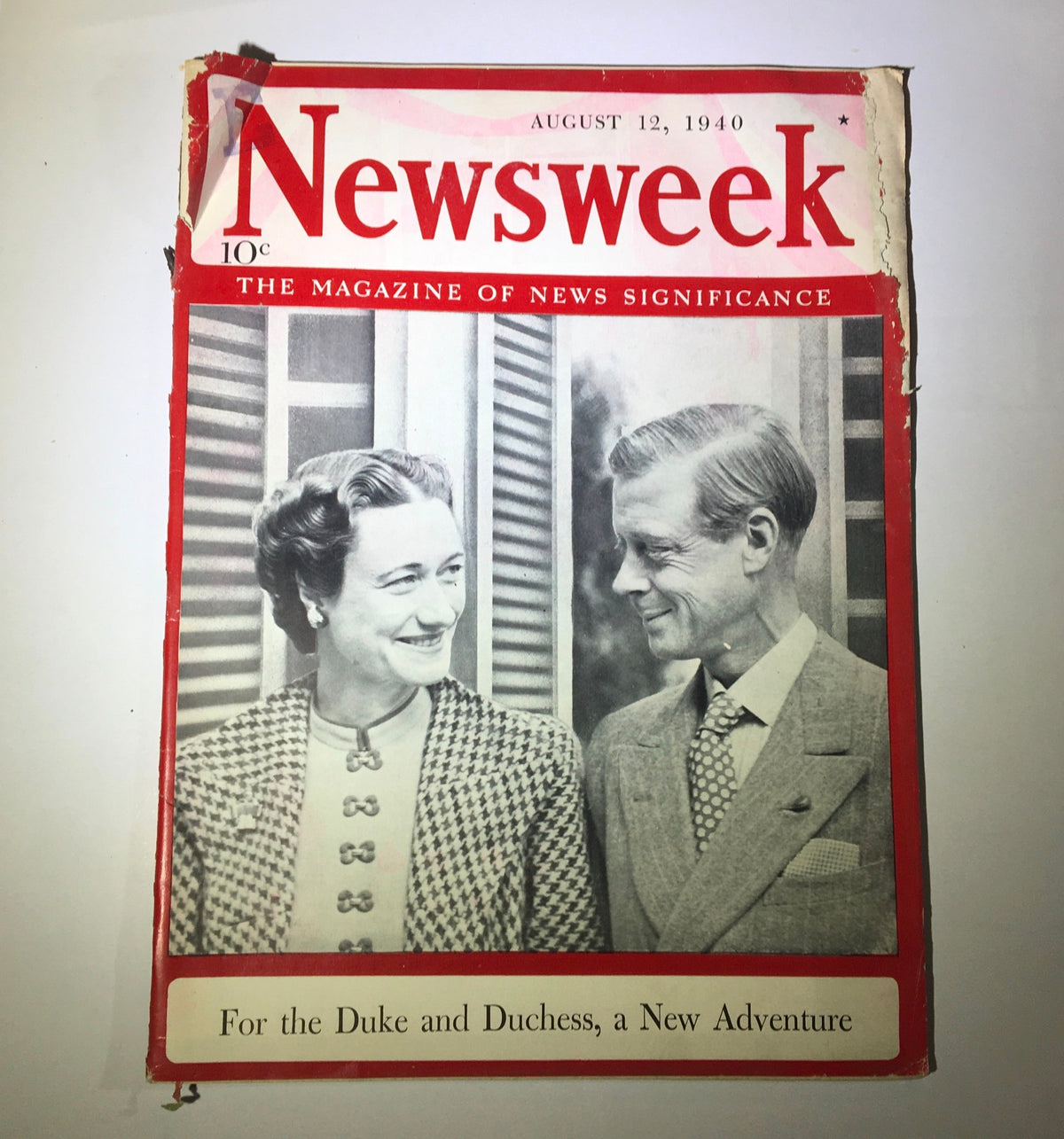 Cover of Newsweek Magazine August 12, 1940 featuring a smiling couple, titled 'For the Duke and Duchess, a New Adventure' with visible wear and tear.