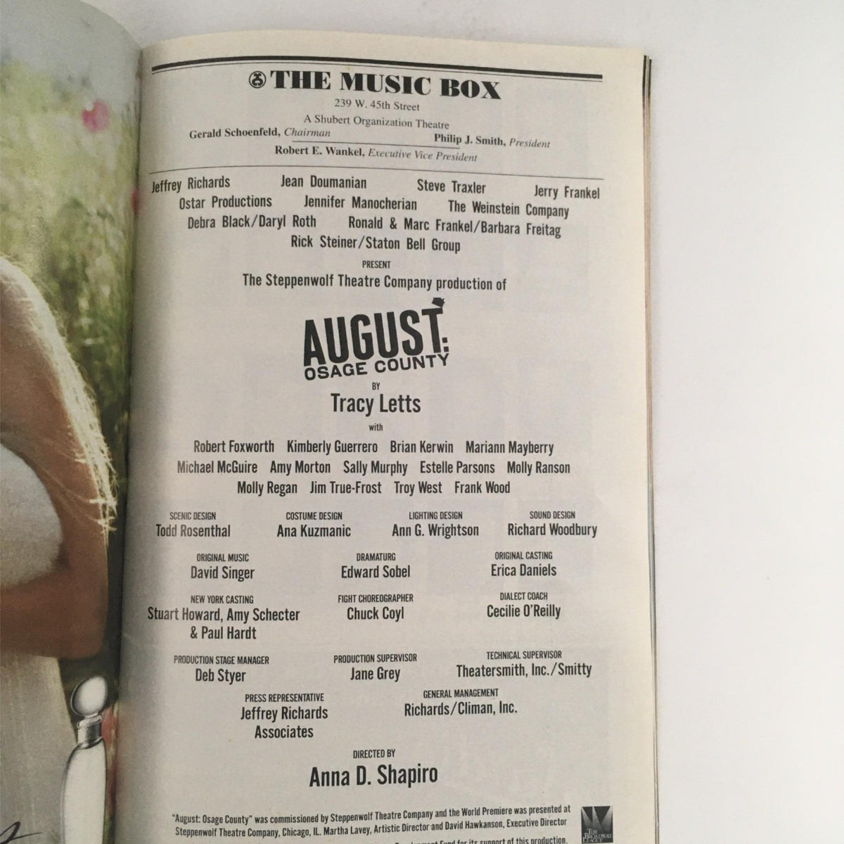 Credits page of the July 2008 Playbill for 'August: Osage County', listing cast and crew details including playwright Tracy Letts and director Anna D. Shapiro, from The Music Box Theatre.