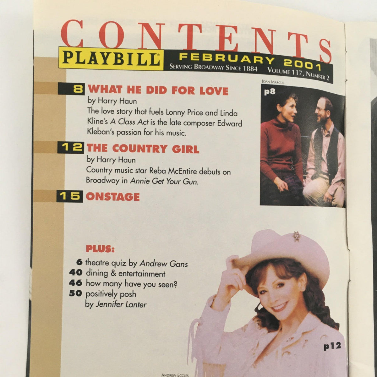 Contents page of the February 2001 Playbill, highlighting articles including 'What He Did for Love' and 'The Country Girl', showcasing theater content related to 'The Tale Of The Allergists Wife'.