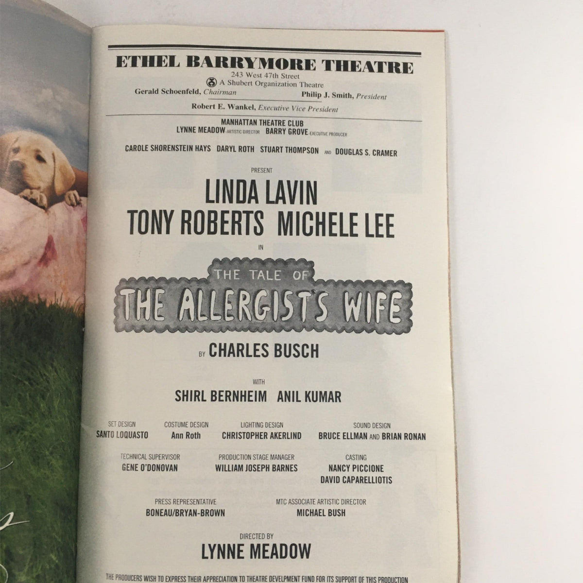 An interior page of the Playbill for 'The Tale Of The Allergists Wife' with credits and cast information, including details on performers Linda Lavin, Tony Roberts, and Michele Lee.