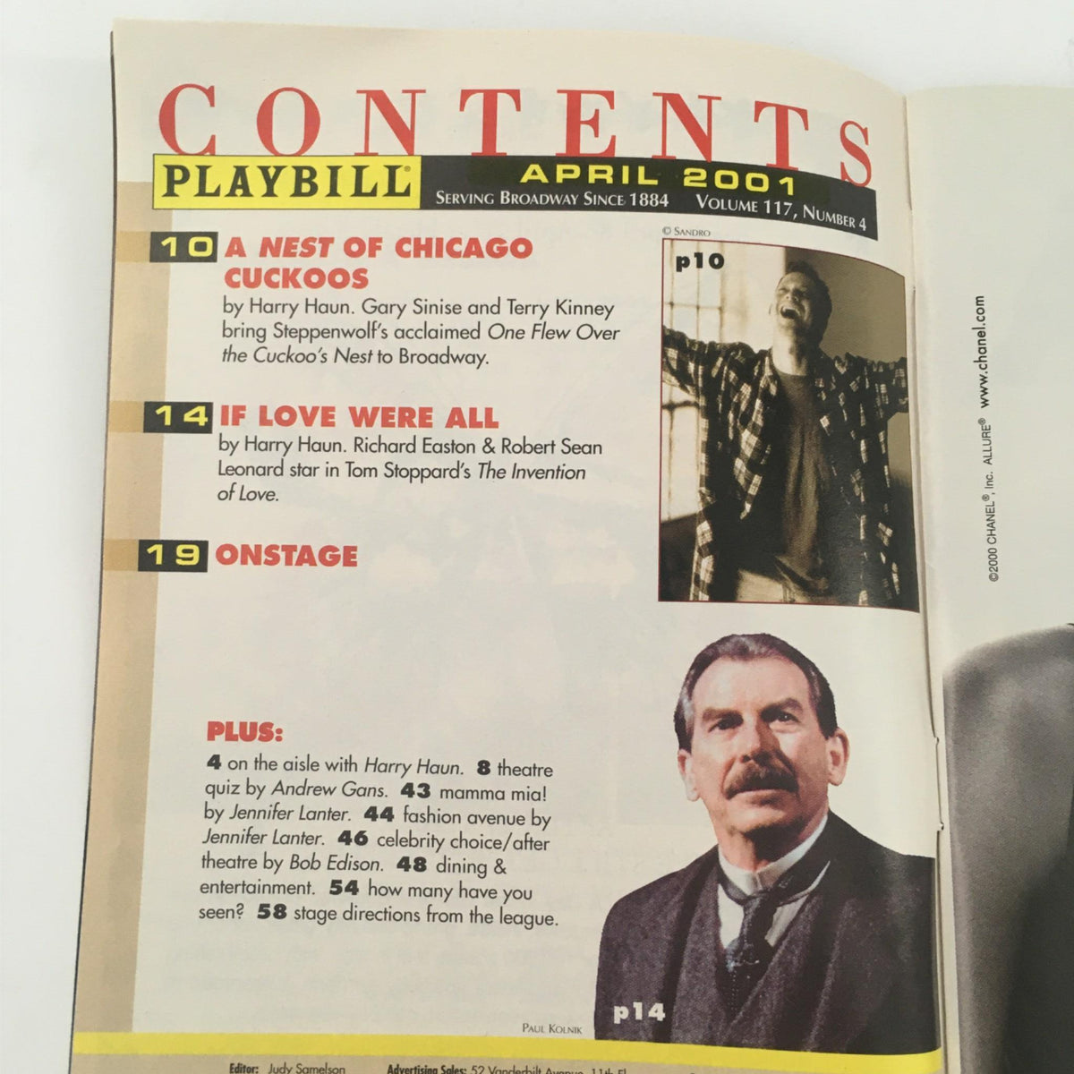 2001 Playbill Aida by Robert Falls, Elton John, Tim Rice at Palace Theatre, featuring the contents page highlighting various articles and features of the April 2001 issue.