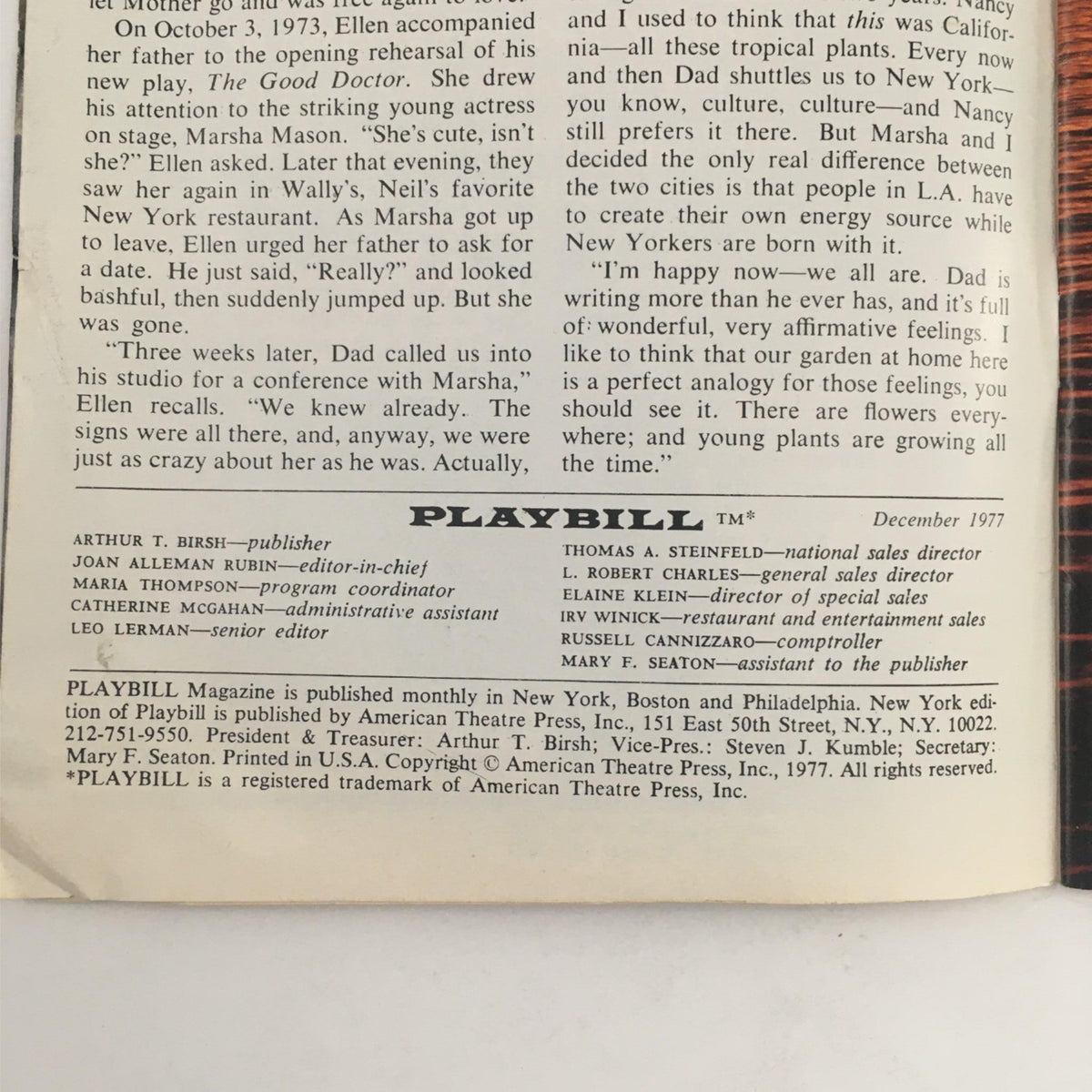 Inside page of the 1977 Playbill for 'The Act', displaying detailed credits and descriptions related to the production at the Majestic Theatre.