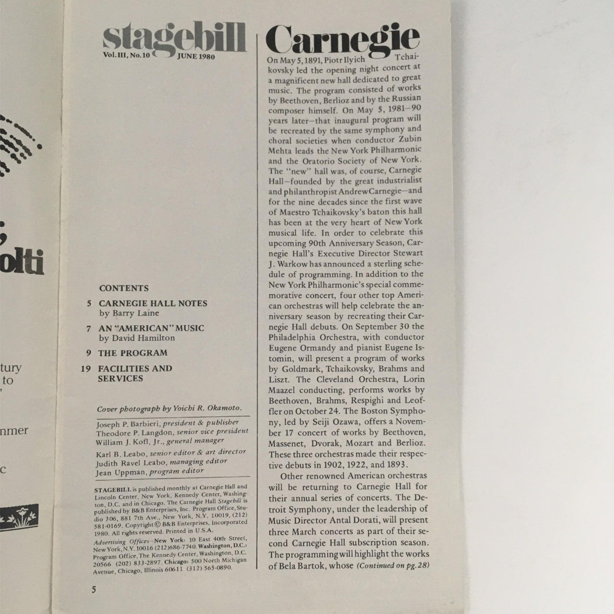 Inside page of the 1980 Stagebill featuring Carnegie Hall details, including concert notes and the program's significance, related to Sinatra in Concert.