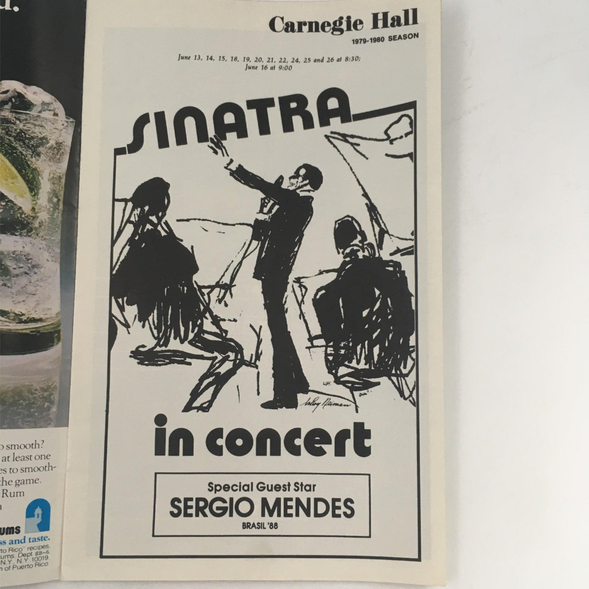 Inside back cover of the 1980 Stagebill for Sinatra in Concert with special guest Sergio Mendes, showcasing an artistic illustration of Sinatra performing.