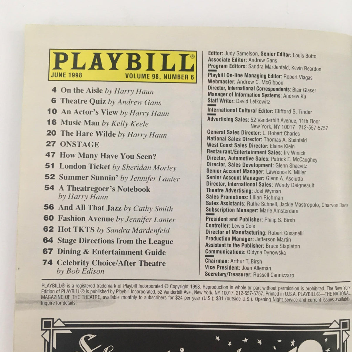 Inside page of the June 1998 Playbill for Art, highlighting its contributors and sections, part of the 1998 Playbill Art by Yasmina Reza at Royale Theatre.