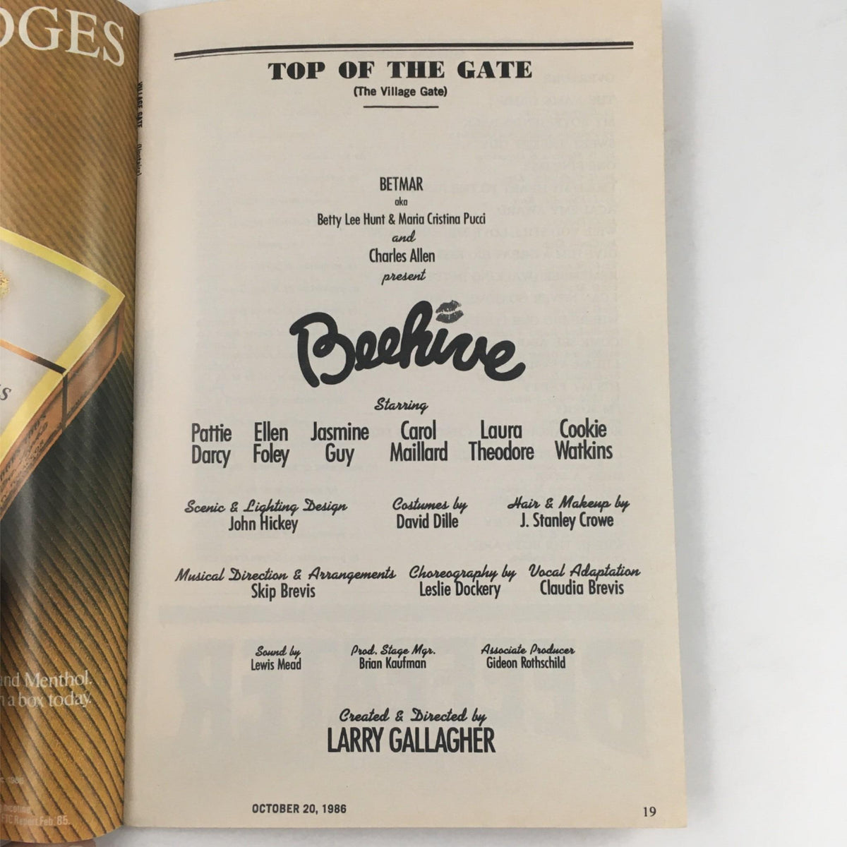 Inside page of the 1986 Playbill for Beehive, showcasing production details and cast list from The Village Gate.
