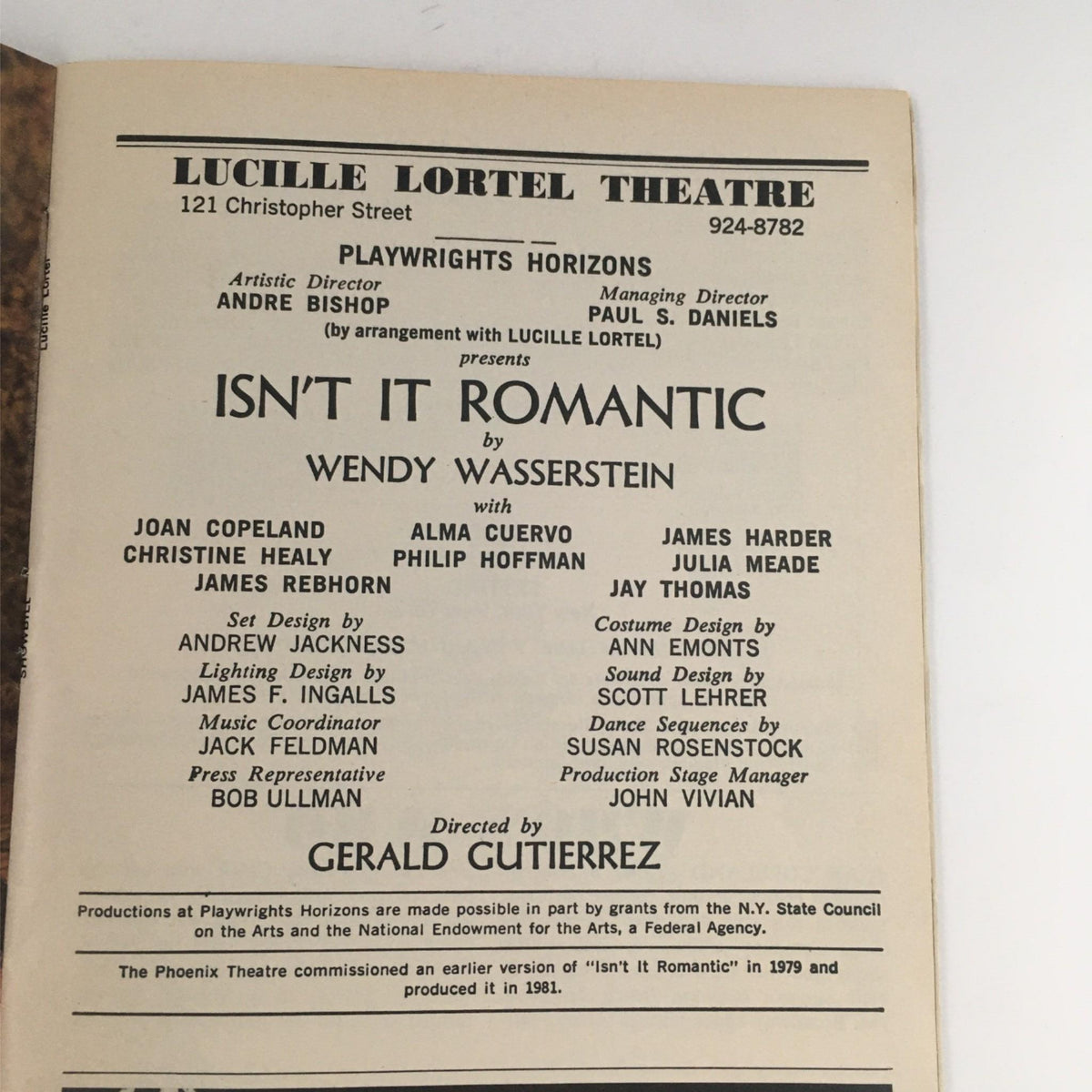 Inside page of the 1984 Playbill for Isn't It Romantic, listing cast and crew details at Lucille Lortel Theatre.