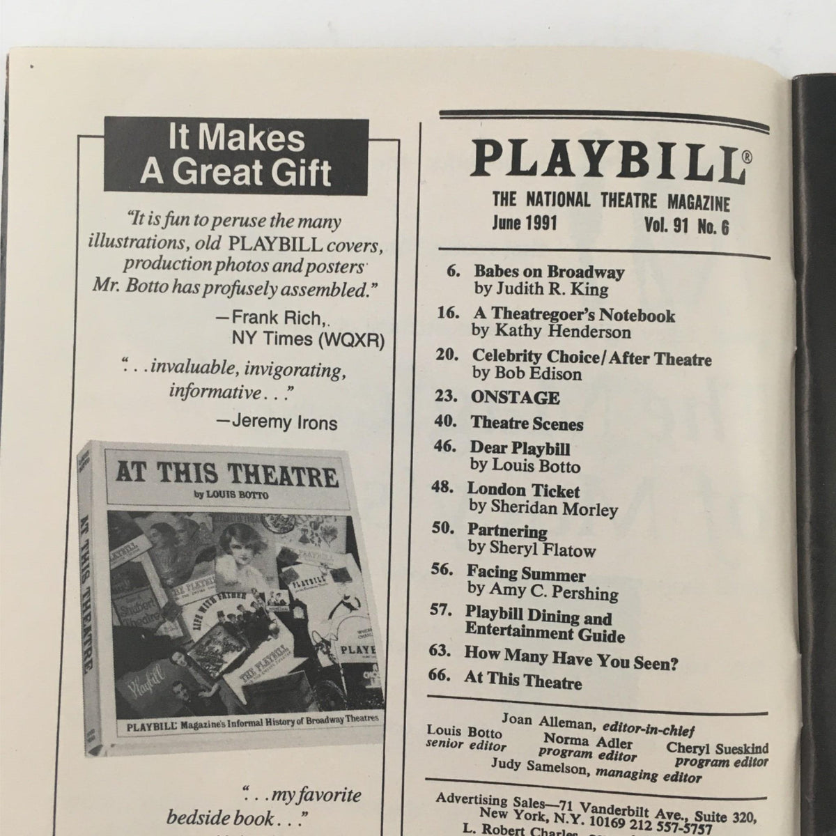 Inside page of the 1991 Playbill for Lost in Yonkers, showcasing a list of other plays and articles from the June 1991 edition.