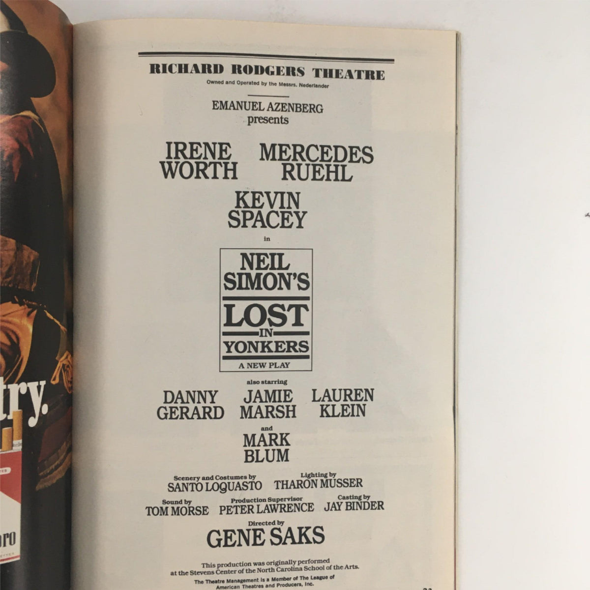 Another inside page of the 1991 Playbill for Lost in Yonkers, highlighting the cast and crew including Kevin Spacey, at the Richard Rodgers Theatre.