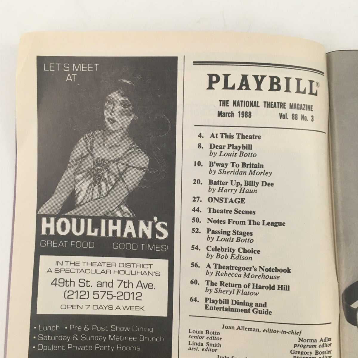 Inside page of the 1988 Playbill Les Miserables showcasing advertisements including one for Houlihan's, a restaurant in the Broadway theatre district.