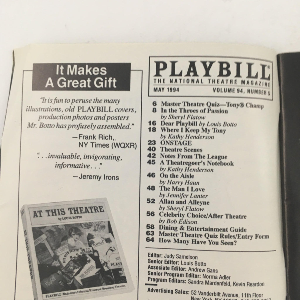 Inside page of the 1994 Playbill for 'Laughter On The 23rd Floor', highlighting advertisements and features, suggesting it makes a great gift for theater fans.