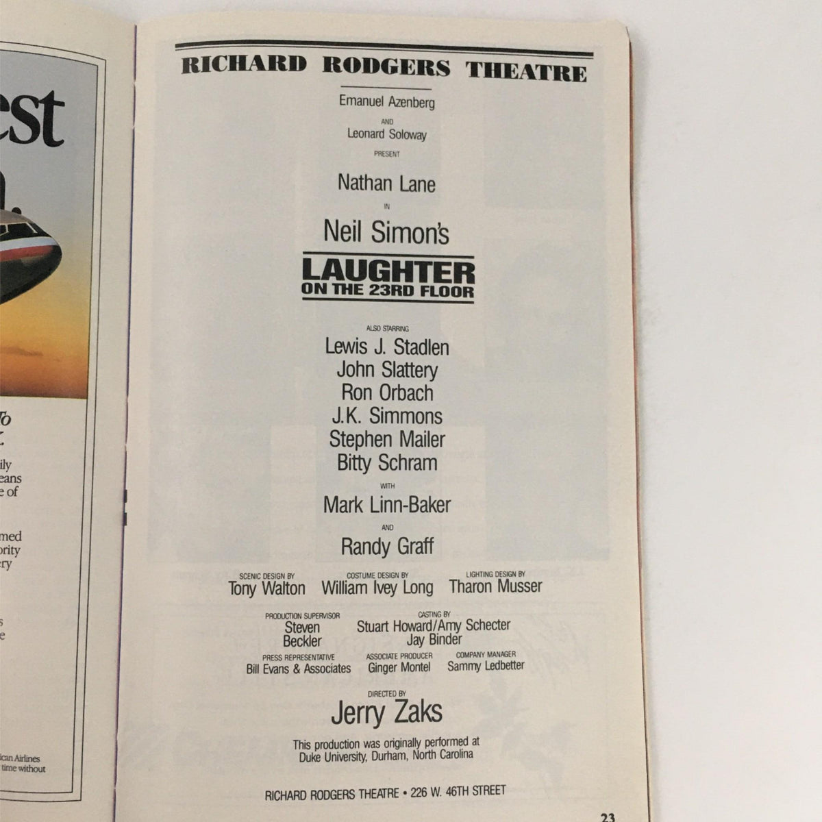 Credits page from the 1994 Playbill for 'Laughter On The 23rd Floor' by Neil Simon, listing the cast and production team at the Richard Rodgers Theatre, directed by Jerry Zaks.