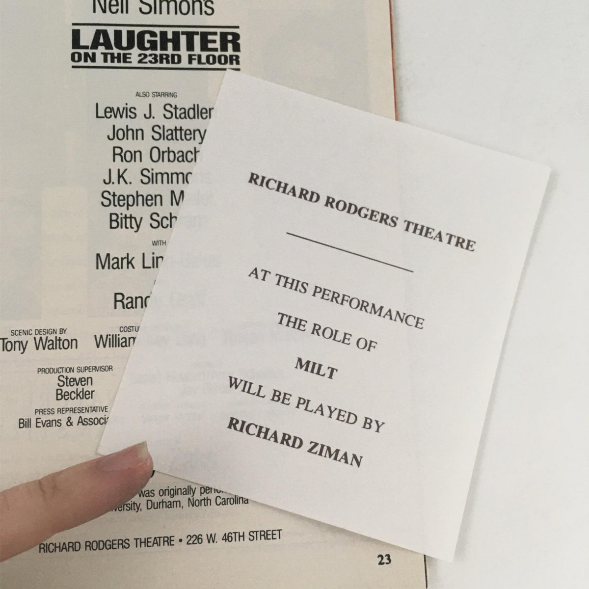 Interior page of the 1994 Playbill for 'Laughter On The 23rd Floor' by Neil Simon, featuring the Richard Rodgers Theatre performance details including cast information.