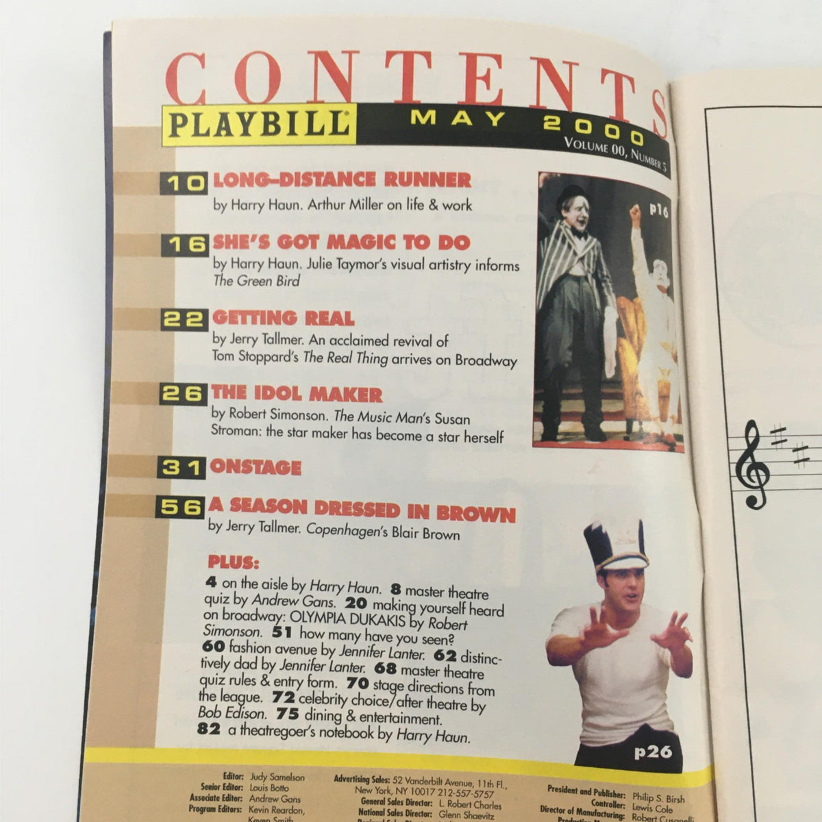 Contents page from the 2000 Playbill for Jitney by August Wilson, highlighting featured articles and performances, showcasing the publication's May issue, Volume 60, Number 6.