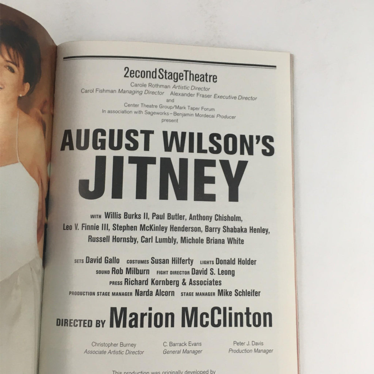 Inside spread of the 2000 Playbill for Jitney by August Wilson, directed by Marion McClinton at Second Stage Theatre, featuring cast and crew details.