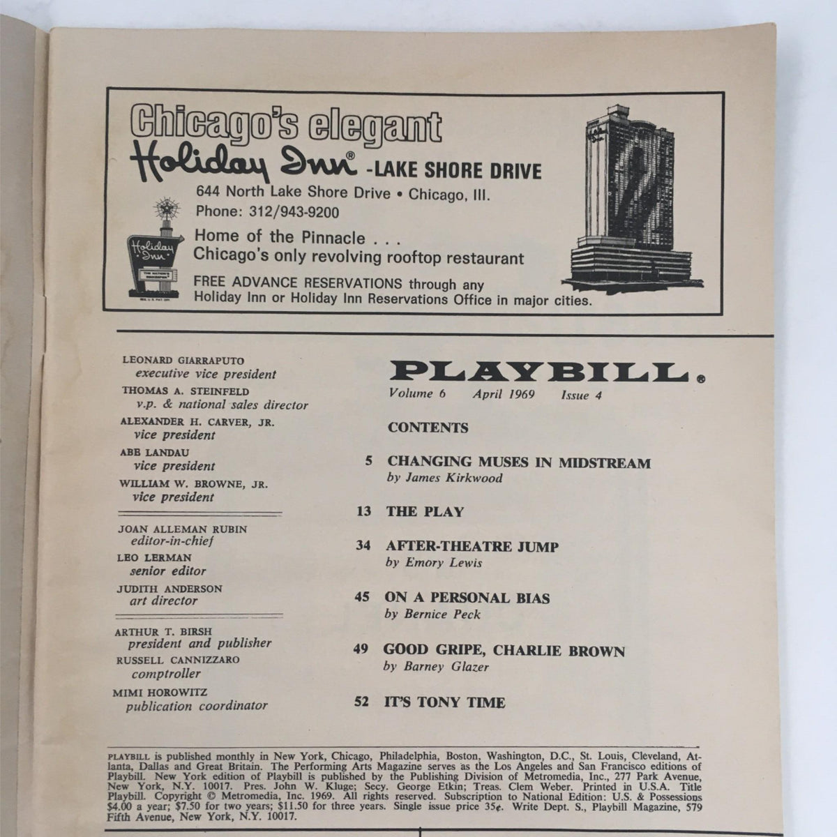 1969 Playbill for Jimmy Shine with contents page, highlighting additional plays and articles from the same issue, featuring the heading 'PLAYBILL'.