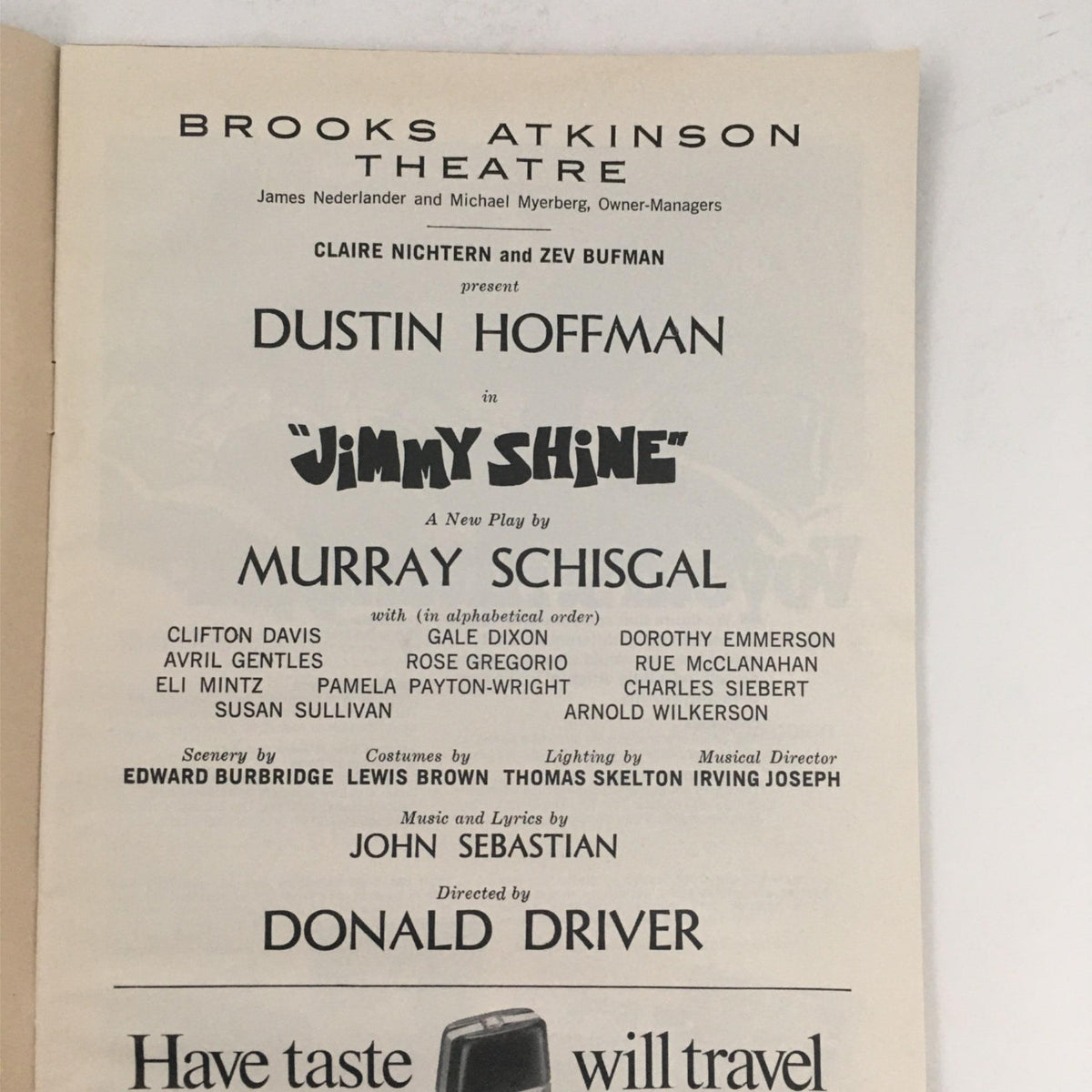 1969 Playbill for 'Jimmy Shine' by Murray Schisgal featuring Dustin Hoffman at Brooks Atkinson Theatre, showcasing cast and production details.