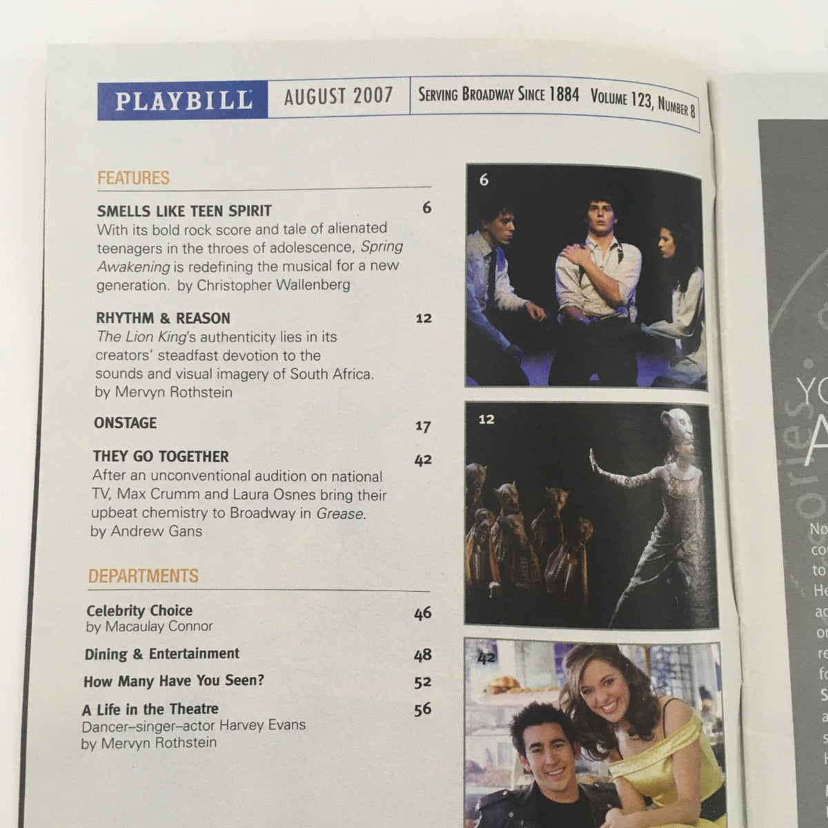 Inside page of the 2007 Playbill for Jersey Boys, showcasing features and articles related to the Broadway musical, highlighting notable performances and creative contributions.