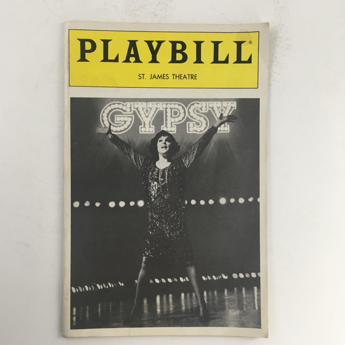 1990 Playbill for Gypsy, featuring Tyne Daly, at St. James Theatre. The cover showcases Tyne Daly in performance attire with theatrical lights and the title 'GYPSY' prominently displayed.