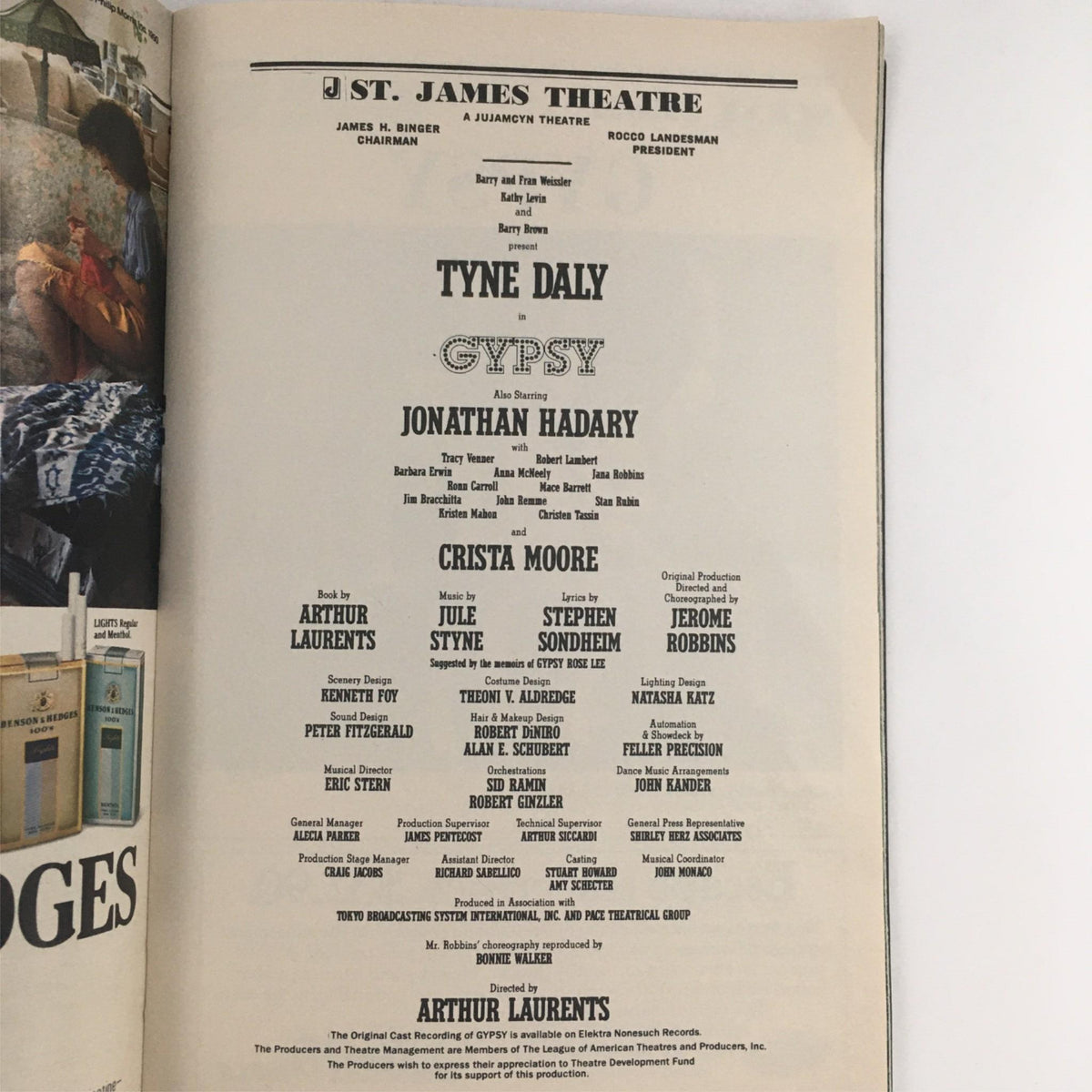 Back cover of the 1990 Playbill for Gypsy, showcasing cast and crew details, including Tyne Daly and Jonathan Hadary, under the direction of Arthur Laurents at St. James Theatre.