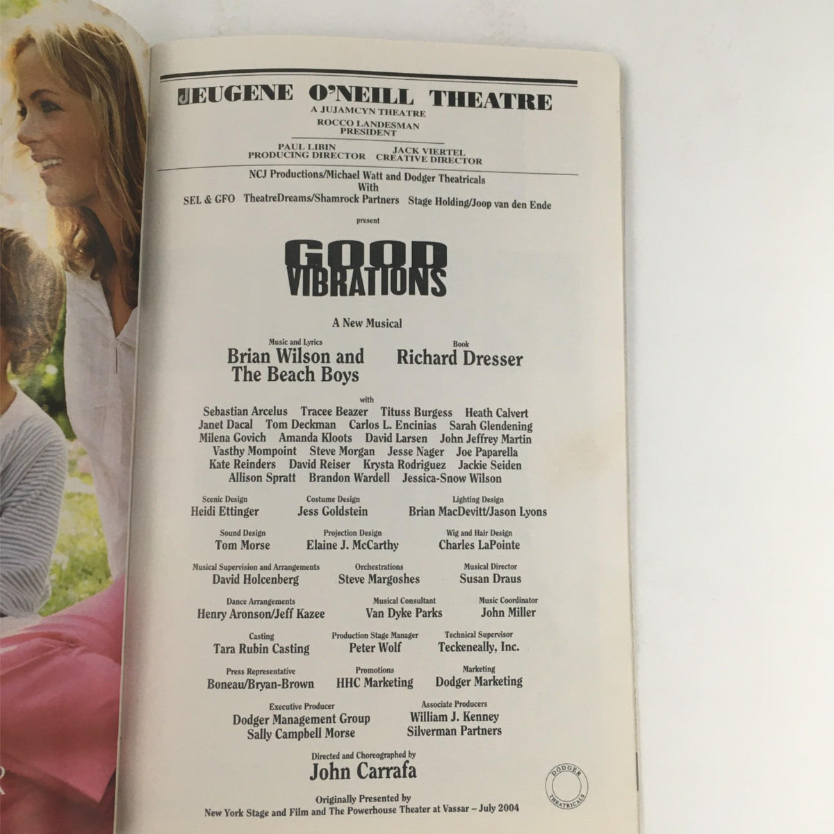 Credits page from the 2005 Playbill for Good Vibrations, listing the creative team including Brian Wilson and John Carrafa at Eugene O'Neill Theatre.