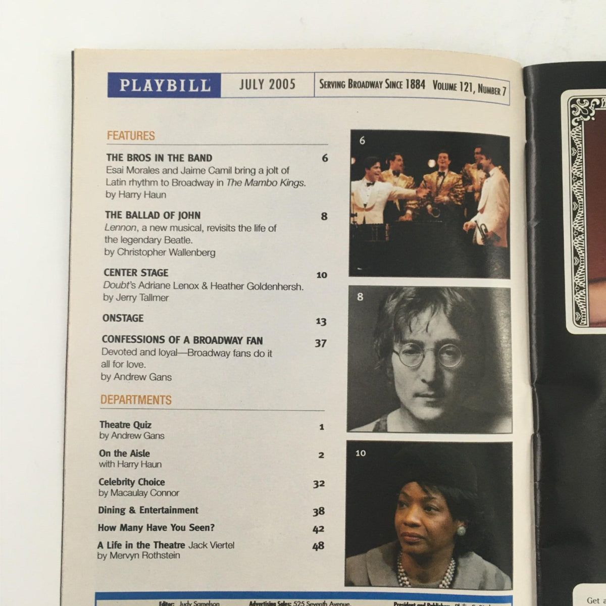 Inside page of the July 2005 Playbill for Dirty Rotten Scoundrels listing articles and features related to Broadway productions.
