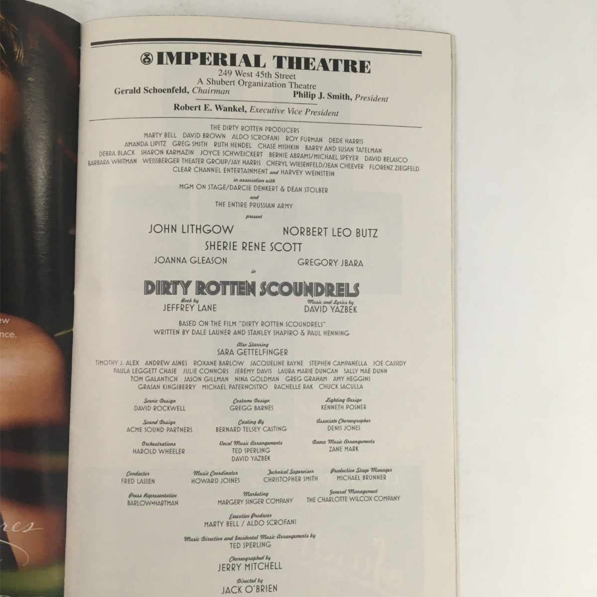 Back page of the July 2005 Playbill for Dirty Rotten Scoundrels showcasing cast and crew credits along with production details at Imperial Theatre.