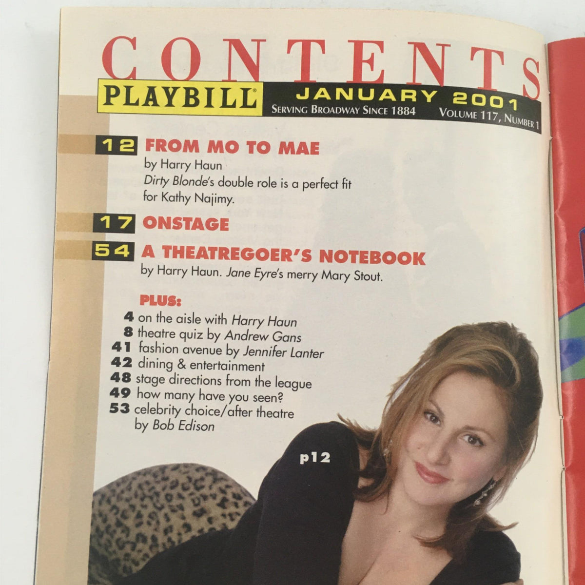 Contents page of the January 2001 Playbill for 'Dinner with Friends' by Donald Margulies, showcasing various articles and features.