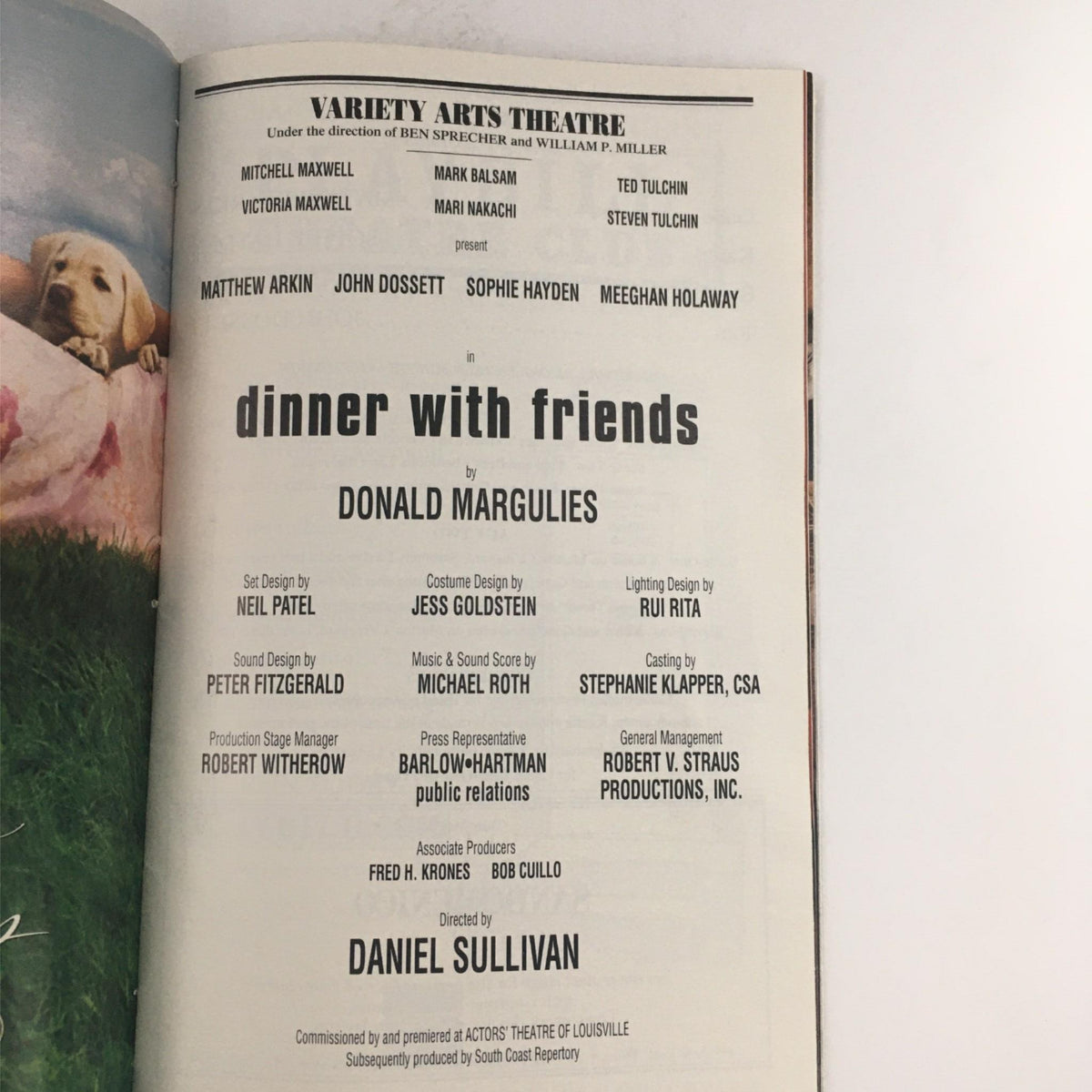 Credits page of the 2001 Playbill for 'Dinner with Friends' by Donald Margulies, listing cast, crew, and production details at Variety Arts Theatre.