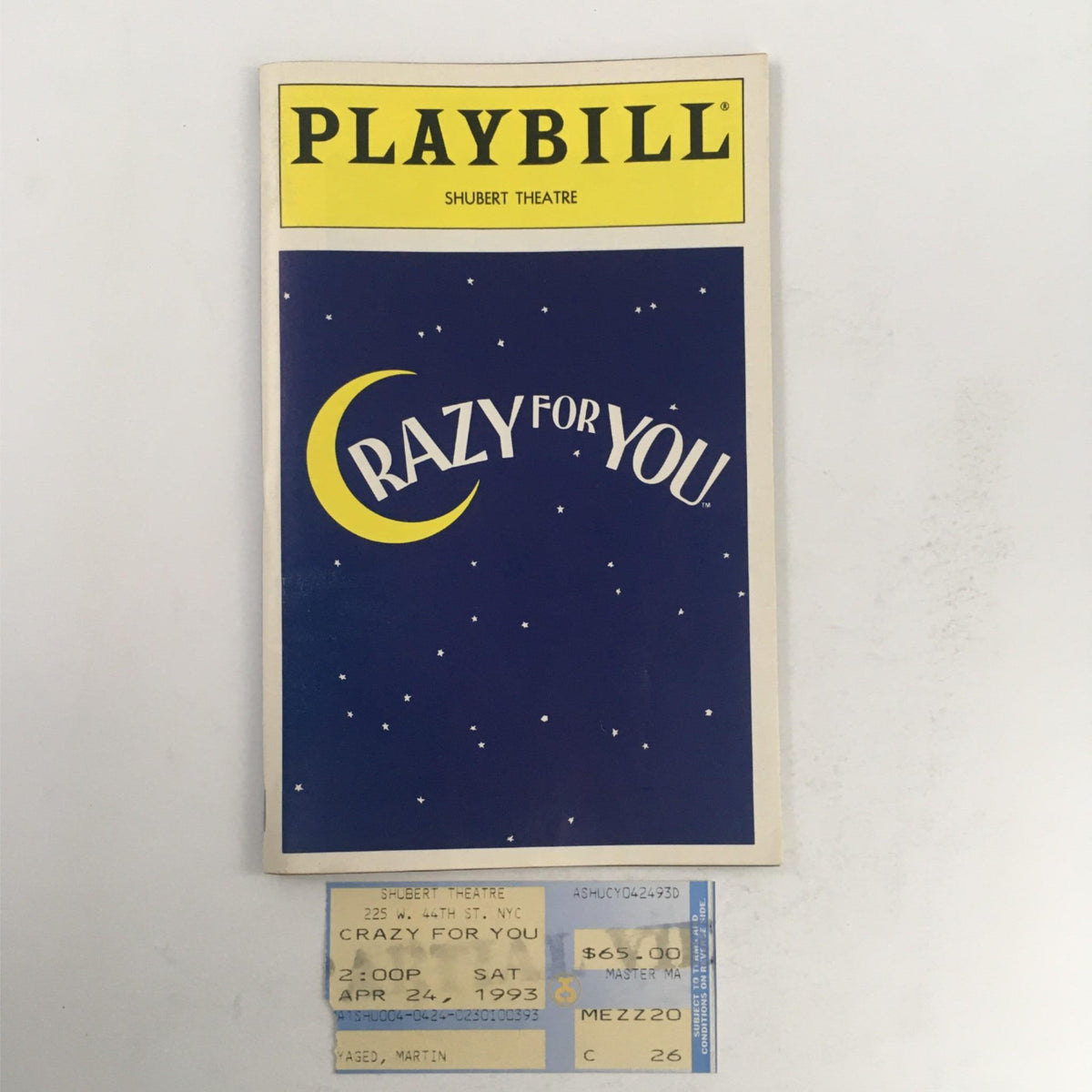 1993 Playbill for Crazy For You at Shubert Theatre, showcasing the musical's iconic blue cover with stars and the title Crazy For You.