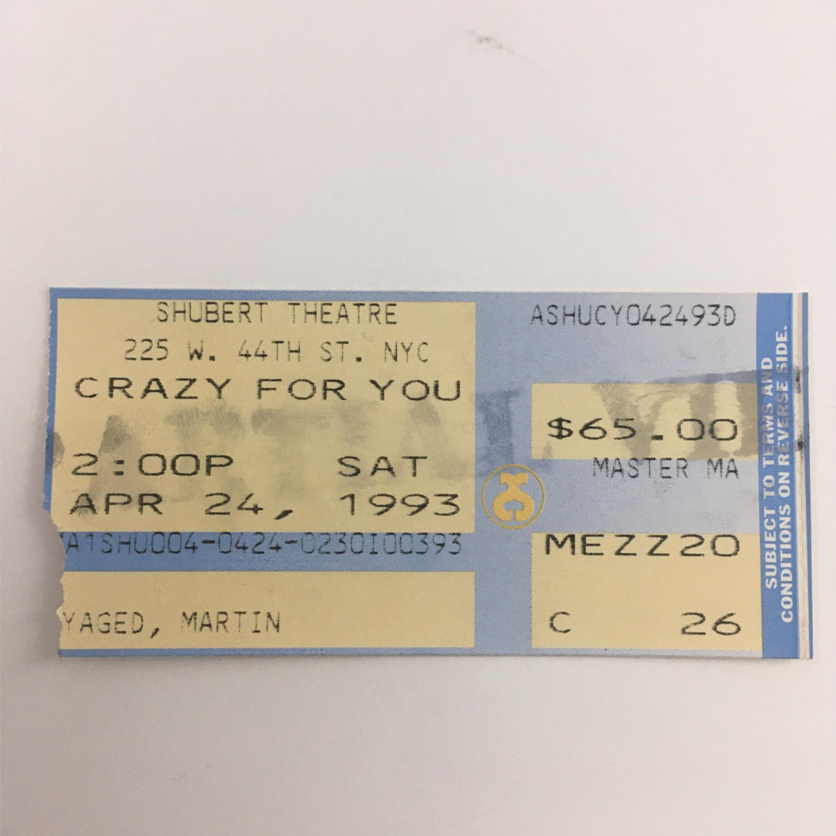 Ticket stub for Crazy For You performance on April 24, 1993 at Shubert Theatre, priced at $65.00, indicating seating in mezzanine section C.
