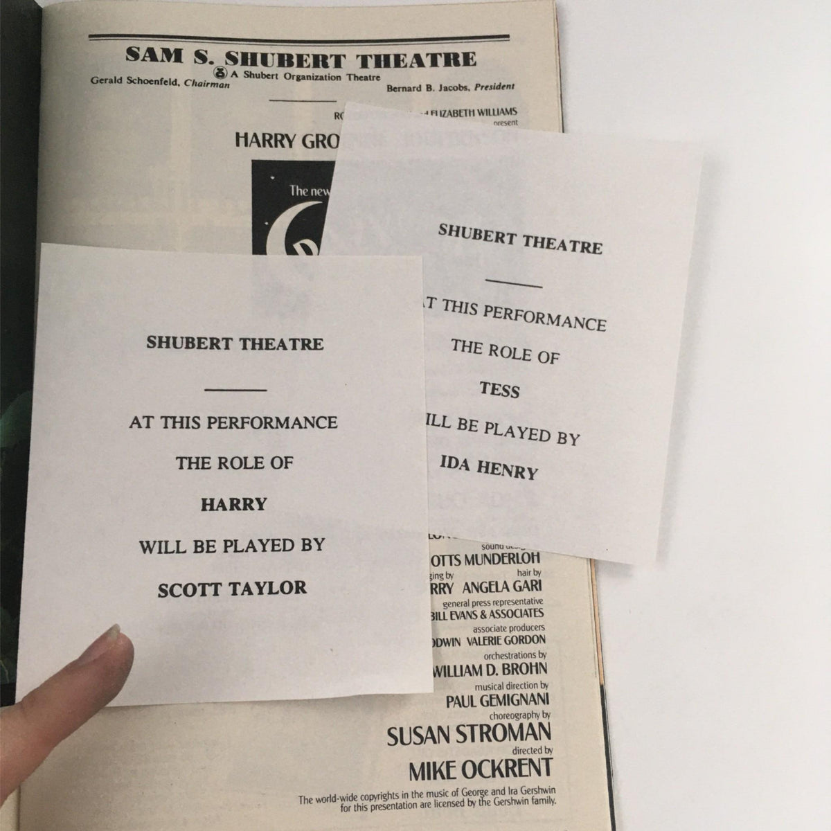 Details from the 1993 Playbill for Crazy For You, including information on performers and roles, highlighting the connection to the Shubert Theatre.