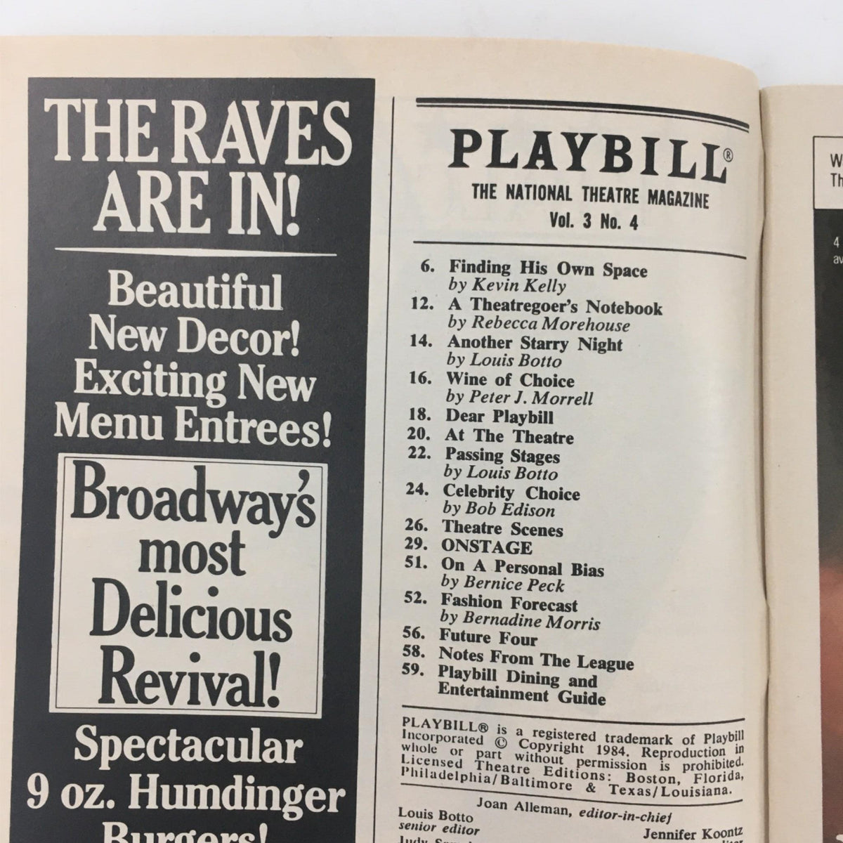 Interior view of a Playbill magazine featuring advertisements and features related to Broadway productions, titled 'The Raves Are In!' highlighting theater updates and menu items, from the 1984 Playbill A Chorus Line by Michael Bennett, Bernard Gersten at Sam Shubert.