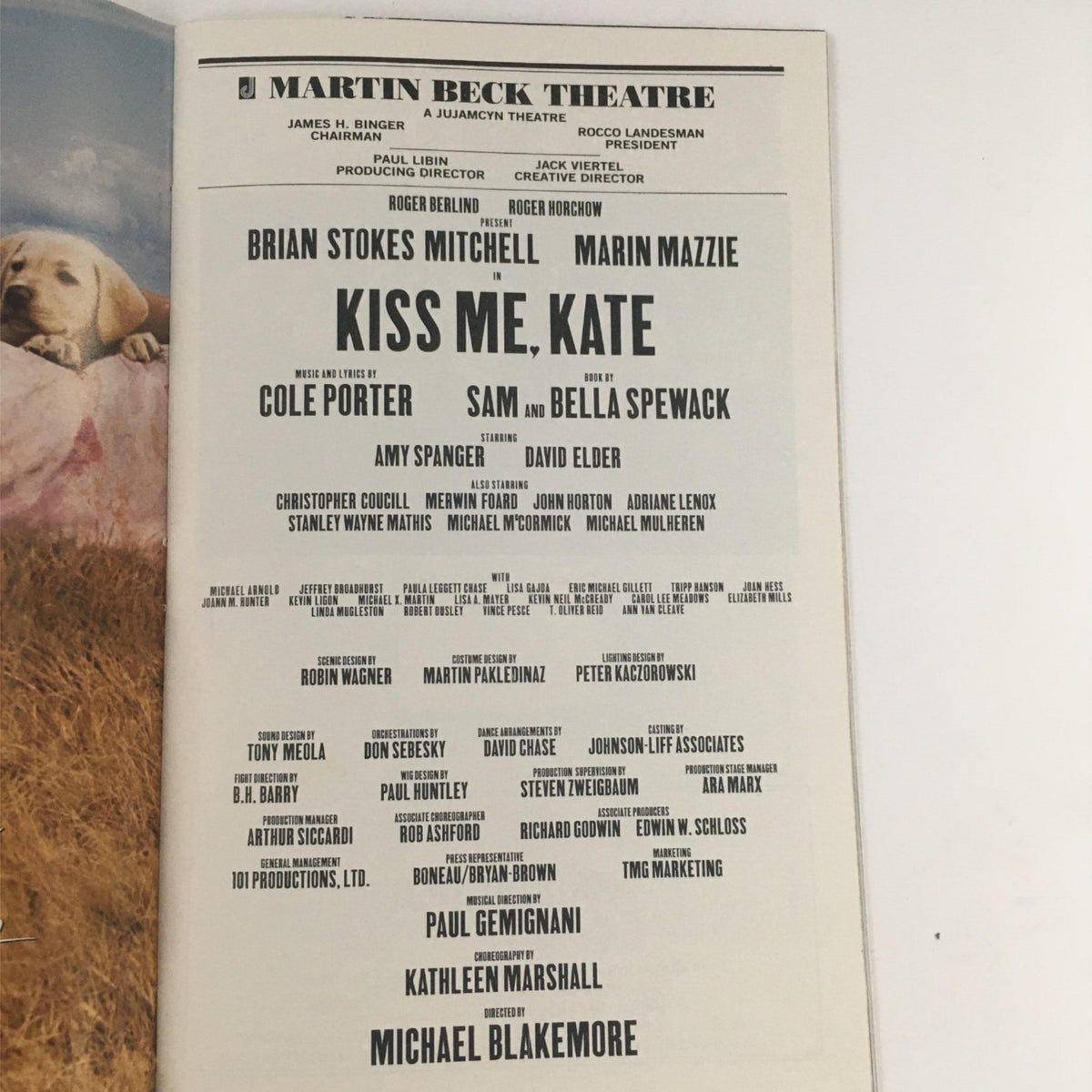 Credits page from the 2000 Playbill for 'Kiss Me, Kate' at Martin Beck Theatre, listing cast members and creative team including Michael Blakemore.