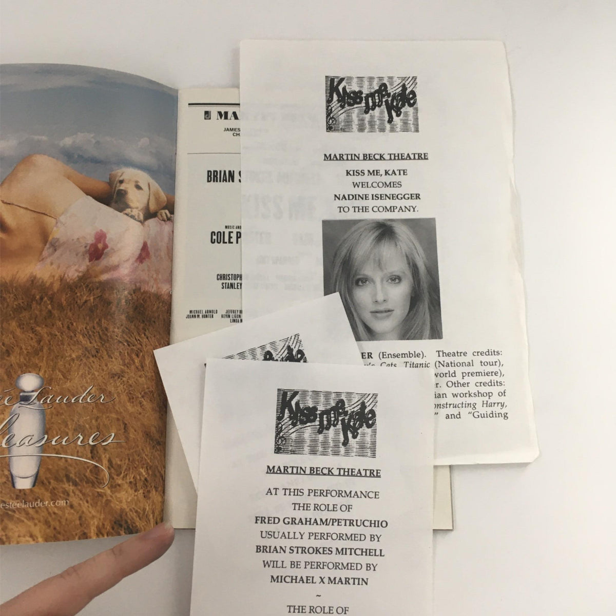 Close-up image of the 2000 Playbill for 'Kiss Me, Kate' at Martin Beck Theatre, featuring details about the performance and cast, including Nadine Essender and Fred Graham, in very good condition, perfect for theater enthusiasts.