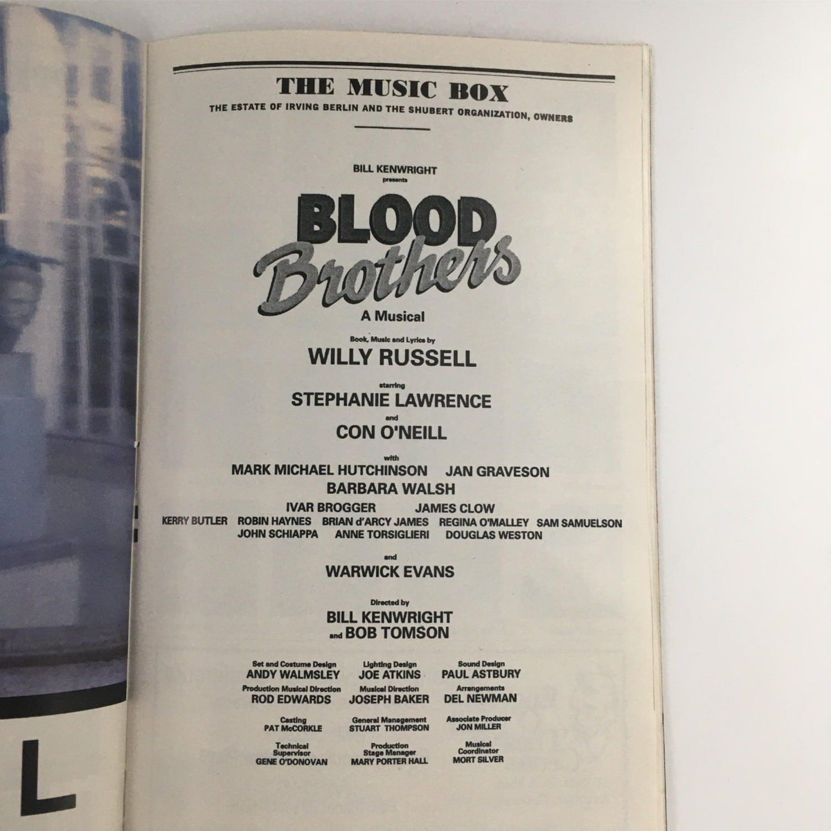 The playbill for the 1993 production of Blood Brothers by Willy Russell, directed by Bob Tomson at The Music Box, featuring cast and crew names, in vintage condition.