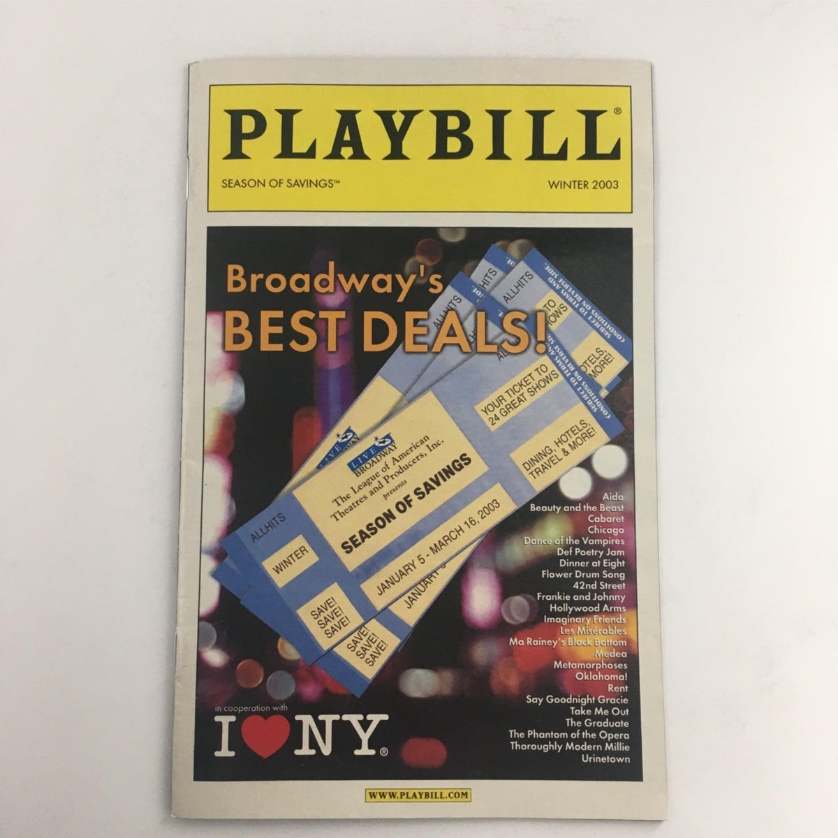 Playbill Season of Savings! Broadway's Best Deals Discount Tickets of 2003 cover showing vibrant promotional graphics with theater ticket imagery and the iconic I ♥ NY logo.