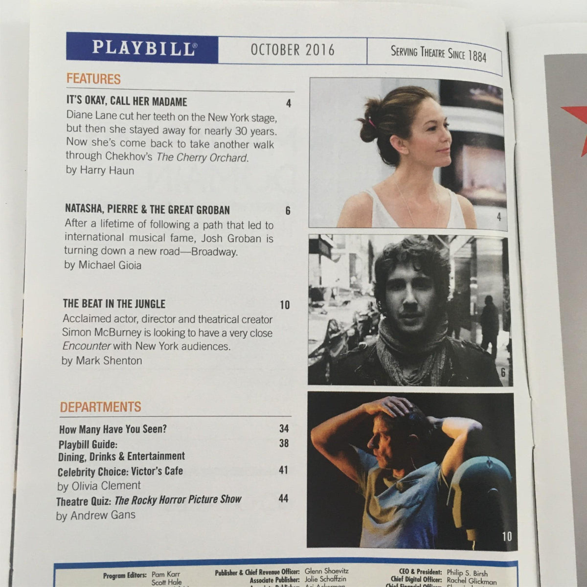 Inside page of the 2016 Playbill for Cagney showcasing features including 'It's Okay, Call Her Madame' and 'Natasha, Pierre & The Great Groban' with photos and articles.