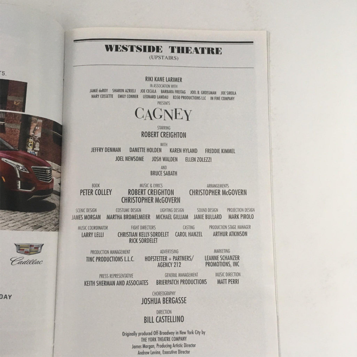 Cast and crew listing for the 2016 Playbill Cagney at Westside Theatre, highlighting key contributors including Robert Creighton and Bill Castellino.